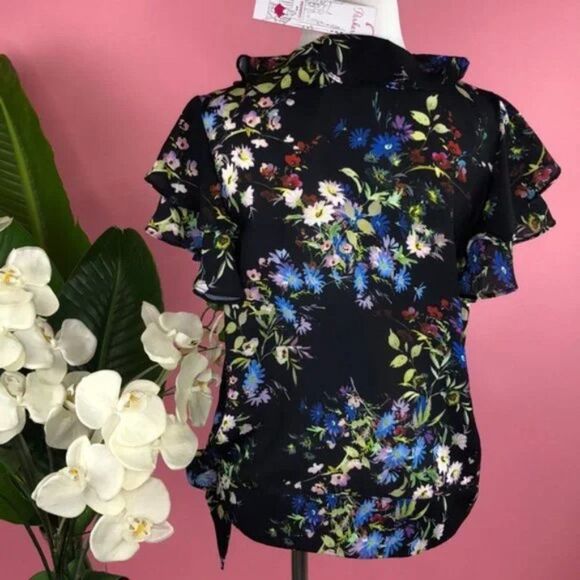 Parker Floral Flutter Sleeve Wrap Style Black Top NWT - Picture 5 of 9
